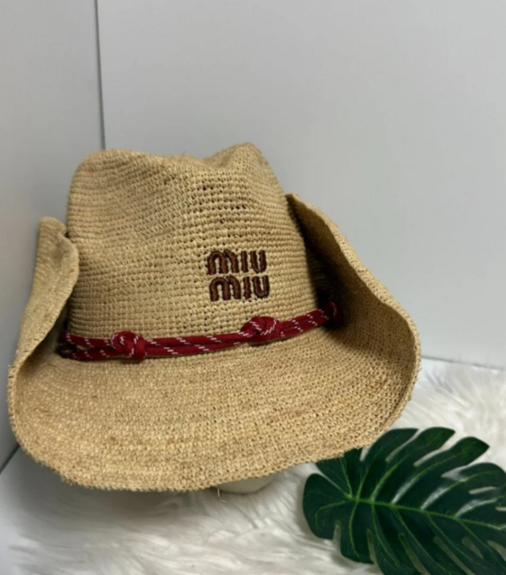 Miu Miu Natural Raffia Cowboy Hat Red Rope